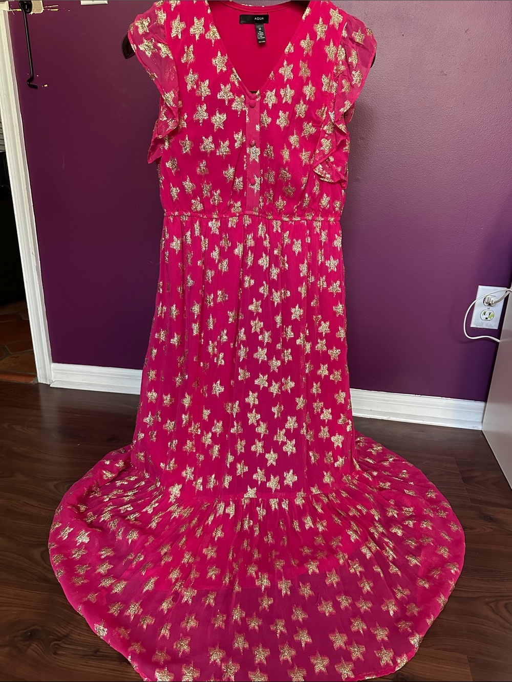Aqua Hot Pink Maxi Dress with Gold Star Print